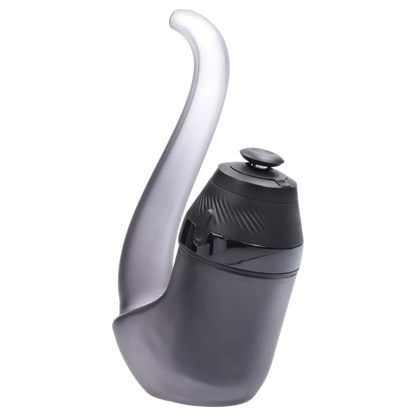 Close-up angled view of the Puffco Proxy 2.0 - Onyx showing its matte black curved body and textured top button against a white background