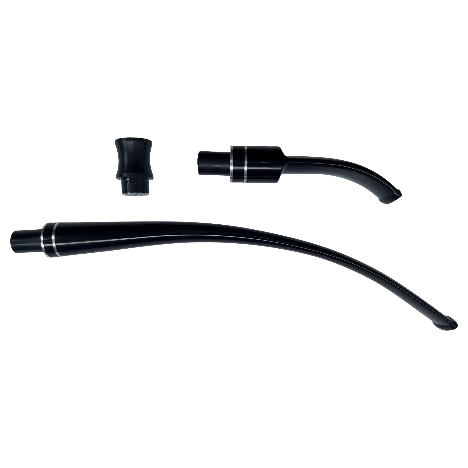 Top-down view of the black Cipher Churwarden Kit for Nautilus (all models) showing a long curved stem, a shorter curved mouthpiece, and a small black cap on a white background.