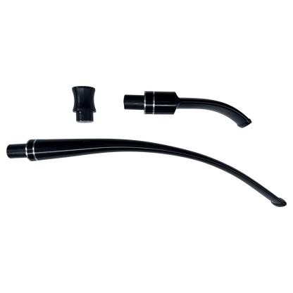 Top-down view of the black Cipher Churwarden Kit for Nautilus (all models) showing a long curved stem, a shorter curved mouthpiece, and a small black cap on a white background.