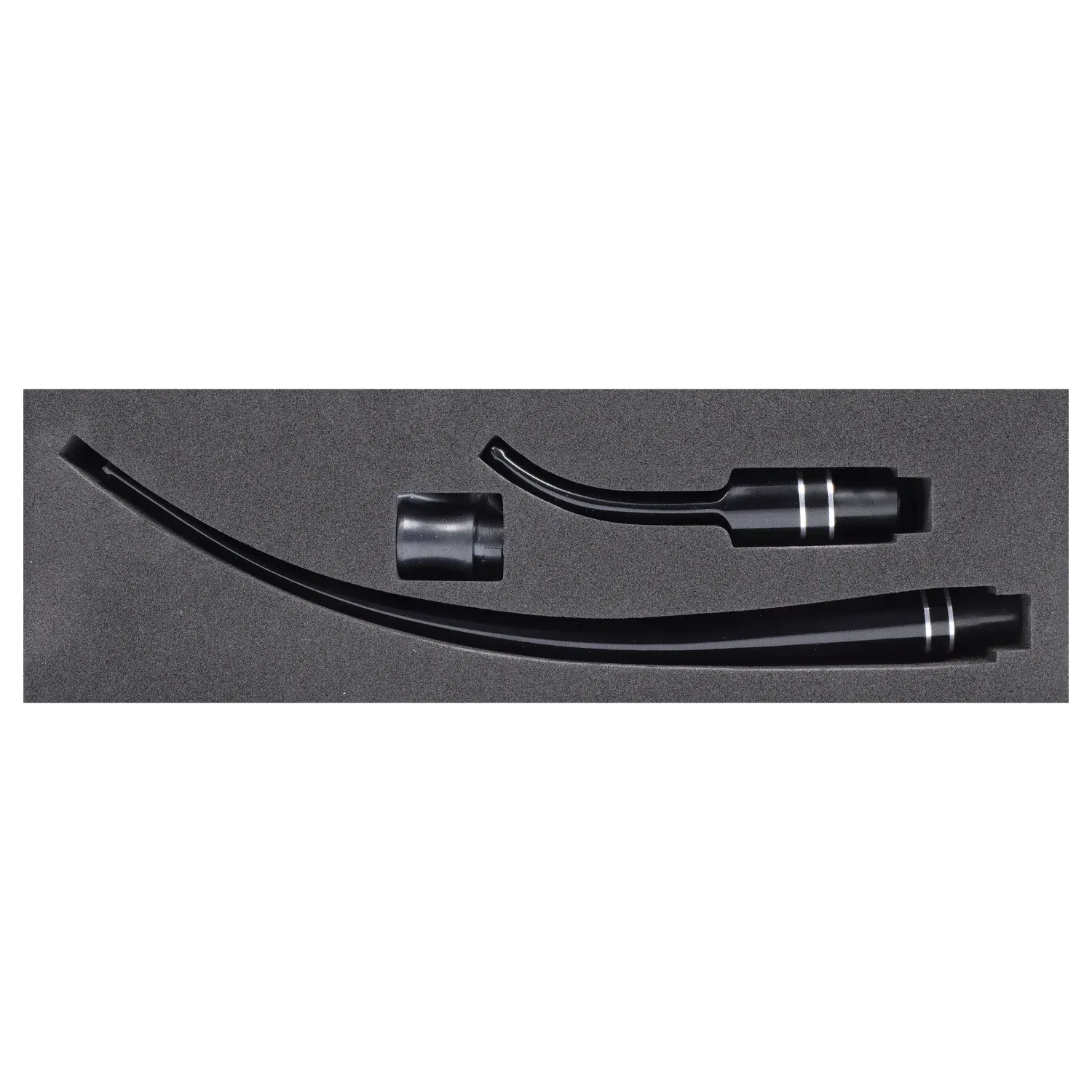 Top-down view of the Cipher Churwarden Kit for Nautilus (all models) showing three matte black curved stem pieces with silver rings neatly set in a foam tray.