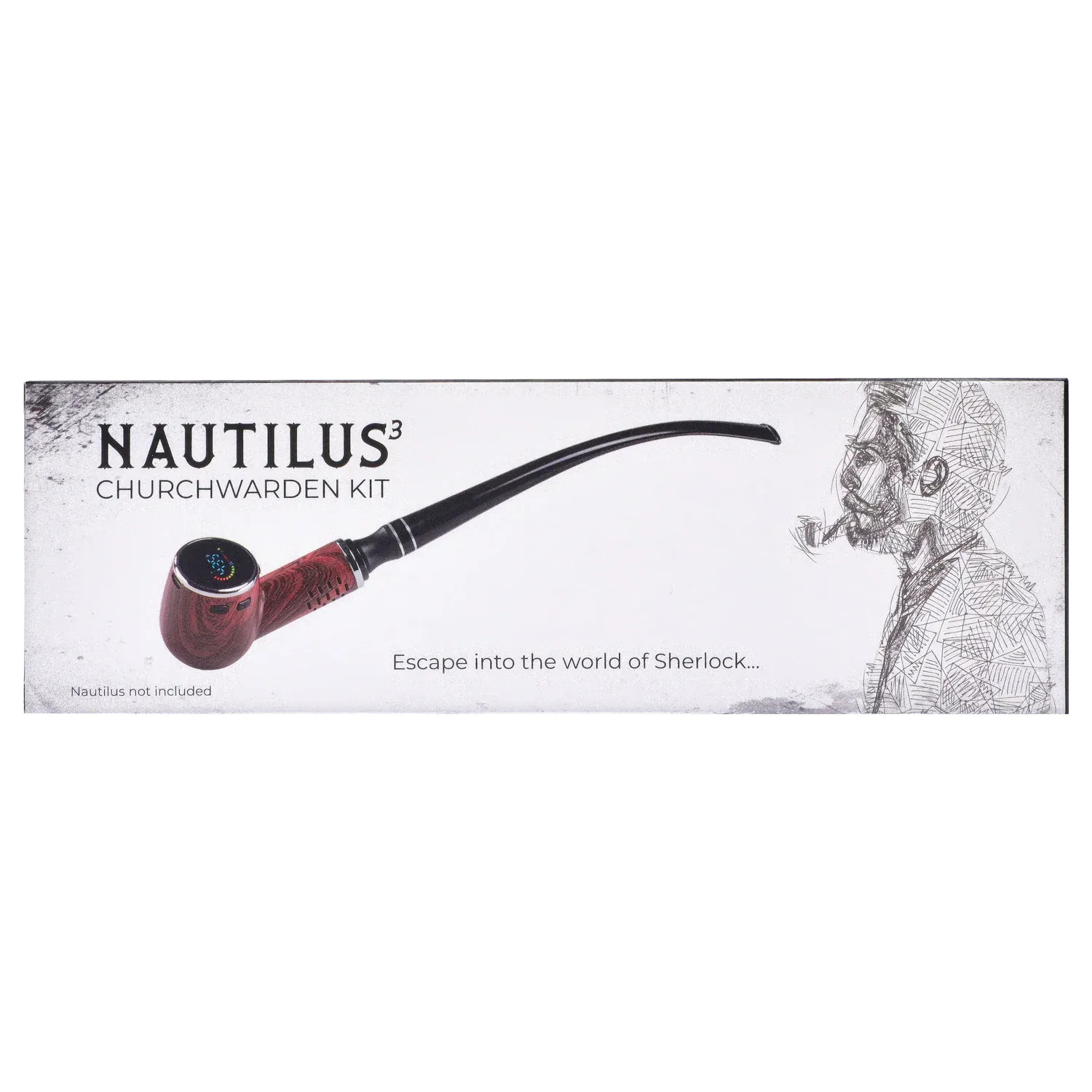 Angled studio shot of the Cipher Churwarden Kit for Nautilus (all models) showing a long black stem attached to a red wood-grain bowl against a white background with a sketched Sherlock silhouette.