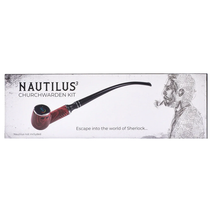 Angled studio shot of the Cipher Churwarden Kit for Nautilus (all models) showing a long black stem attached to a red wood-grain bowl against a white background with a sketched Sherlock silhouette.