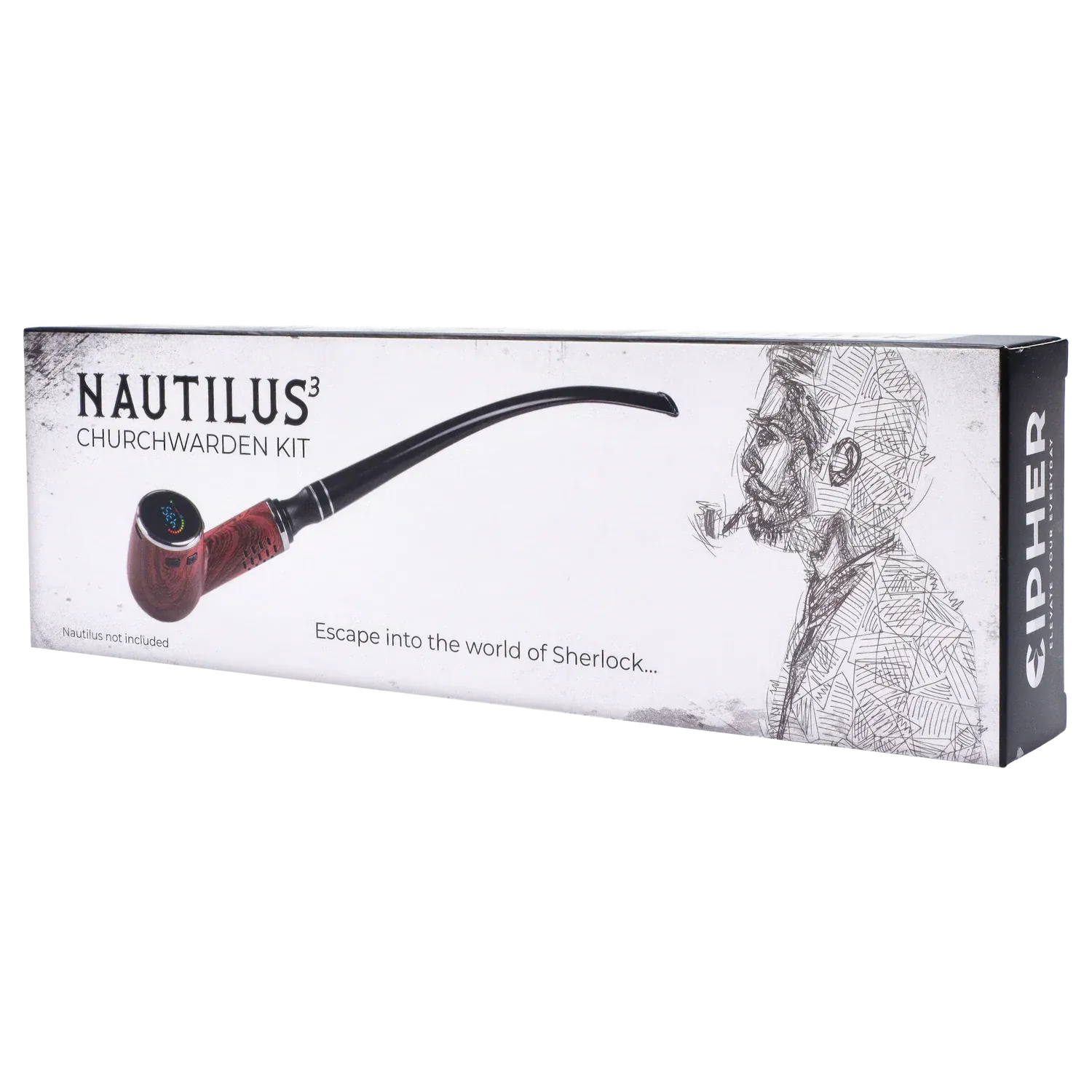 Angled product-box shot showing a long black stem and wooden bowl illustration on the Cipher Churwarden Kit for Nautilus (all models) packaging.