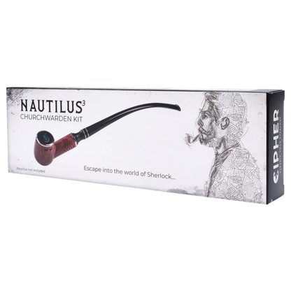 Angled product-box shot showing a long black stem and wooden bowl illustration on the Cipher Churwarden Kit for Nautilus (all models) packaging.