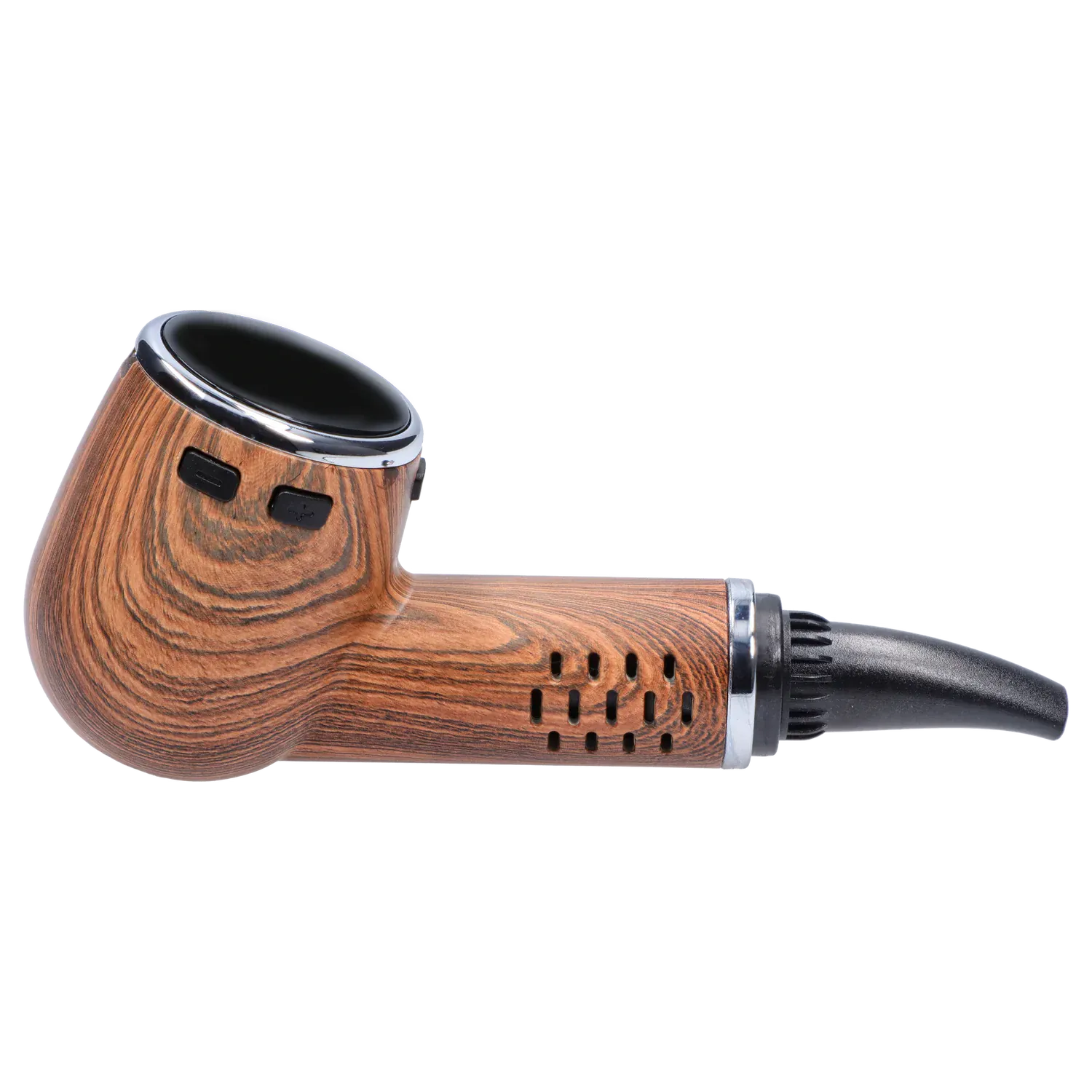 Side profile of the Cipher Nautilus V3 Dry Herb Vaporizer - Palm Wood showing its wood-grain body, black mouthpiece, and angled bowl rim.