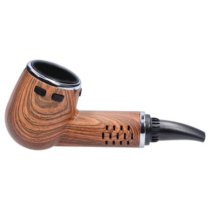 Side profile of the Cipher Nautilus V3 Dry Herb Vaporizer - Palm Wood showing its wood-grain body, black mouthpiece, and angled bowl rim.