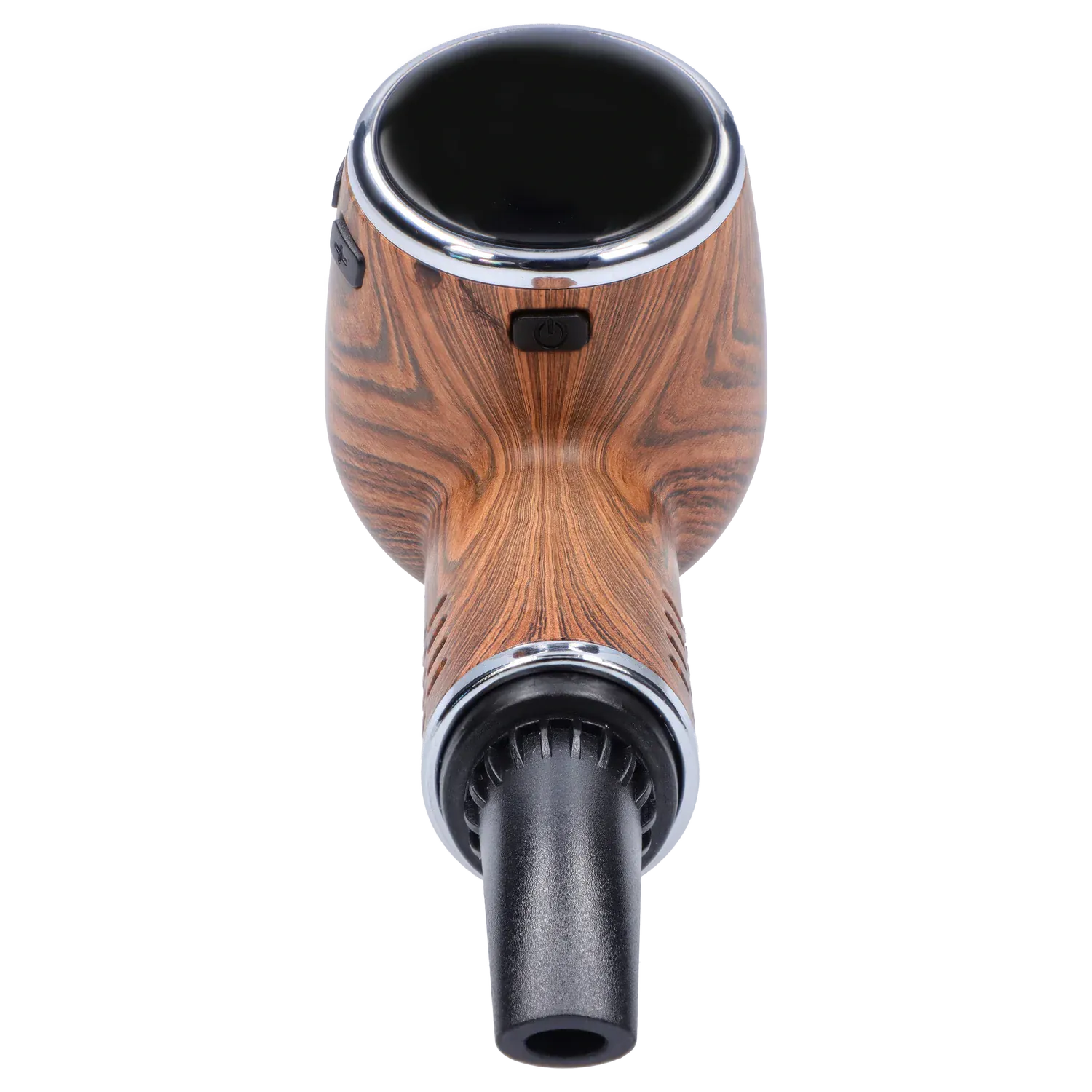 Top-down close-up of the Cipher Nautilus V3 Dry Herb Vaporizer - Palm Wood showing its round black top, wood-grain body, power button, and mouthpiece.