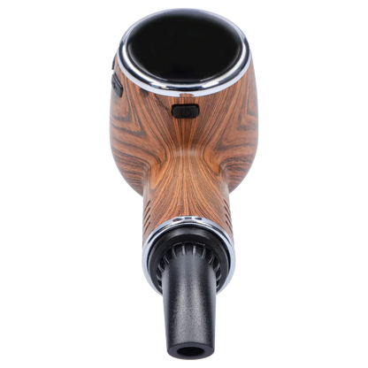 Top-down close-up of the Cipher Nautilus V3 Dry Herb Vaporizer - Palm Wood showing its round black top, wood-grain body, power button, and mouthpiece.