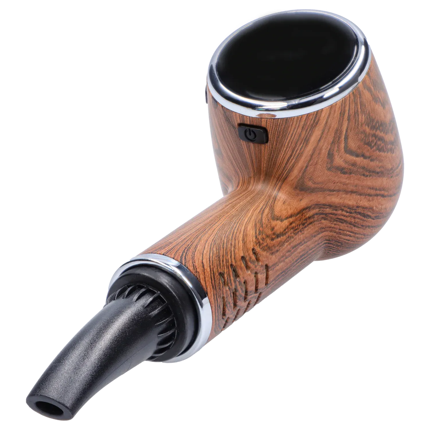 Angled close-up of the Cipher Nautilus V3 Dry Herb Vaporizer - Palm Wood showing its wood-grain body, chrome rim, power button, and black mouthpiece.