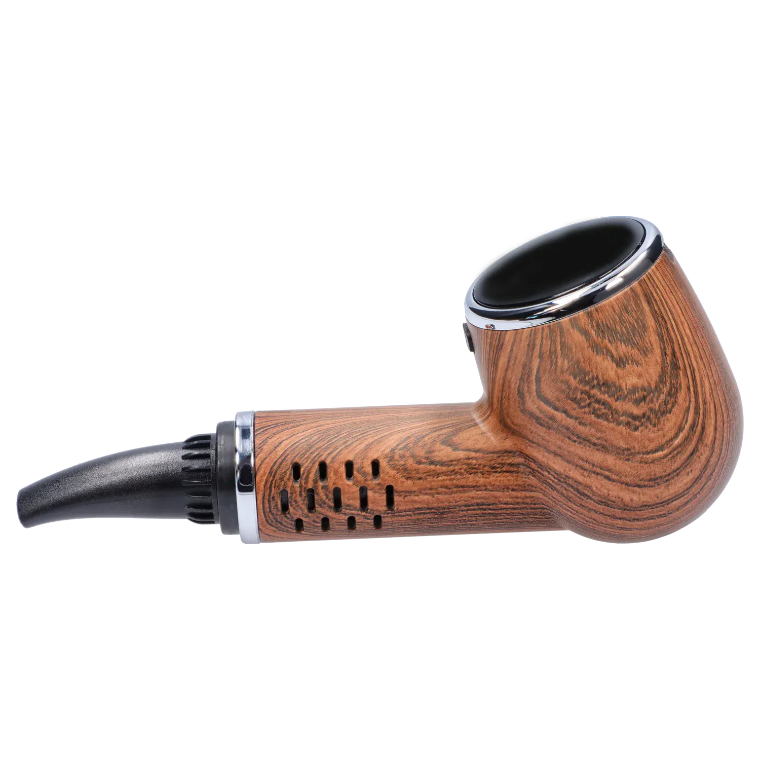 Side profile of the Cipher Nautilus V3 Dry Herb Vaporizer - Palm Wood showing its wood-grain body, black mouthpiece, and chrome-trimmed bowl.