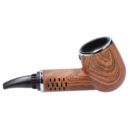 Side profile of the Cipher Nautilus V3 Dry Herb Vaporizer - Palm Wood showing its wood-grain body, black mouthpiece, and chrome-trimmed bowl.
