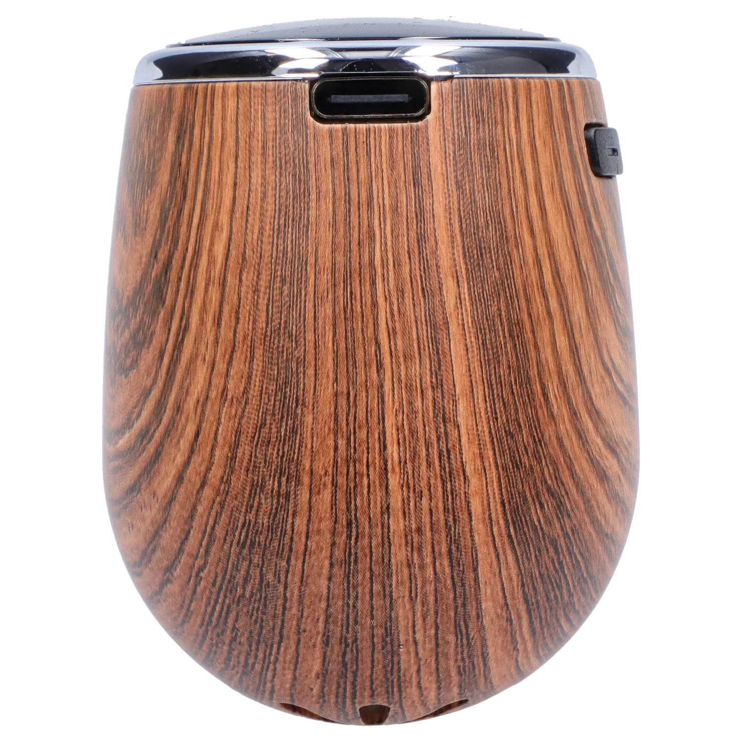 Top-down close-up of the palm wood finish on the Cipher Nautilus V3 Dry Herb Vaporizer - Palm Wood showing wood grain, rounded edges, USB-C port and side button.