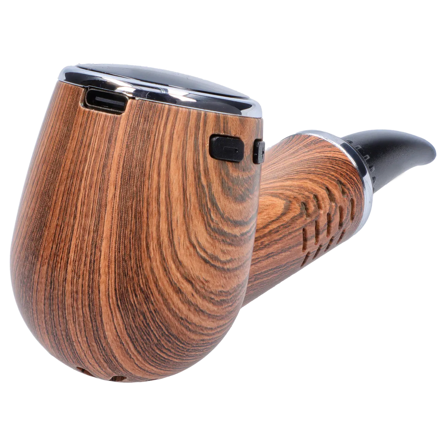 Close-up angled view of the palm wood Cipher Nautilus V3 Dry Herb Vaporizer showing its curved wood-grain body, black mouthpiece, and chrome trim.