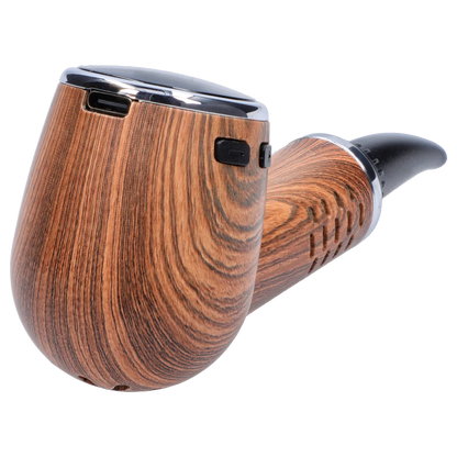 Close-up angled view of the palm wood Cipher Nautilus V3 Dry Herb Vaporizer showing its curved wood-grain body, black mouthpiece, and chrome trim.