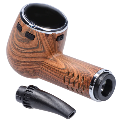 Close-up angled view of the Cipher Nautilus V3 Dry Herb Vaporizer - Palm Wood showing its wood-grain body, black control buttons, chrome-rimmed mouthpiece, and detached black plastic stem.