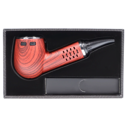 Top-down view of the Cipher Nautilus V3 Dry Herb Vaporizer - Redheart Wood resting in black foam packaging, showing its redwood-grain body, control buttons, and black mouthpiece.