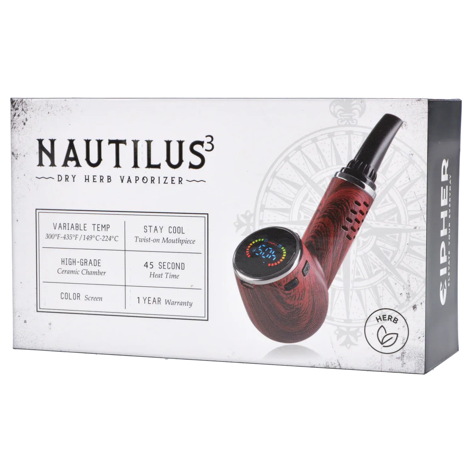 Angled product shot of the Cipher Nautilus V3 Dry Herb Vaporizer - Redheart Wood showing its curved wood-grain body and digital color display on a white boxed backdrop
