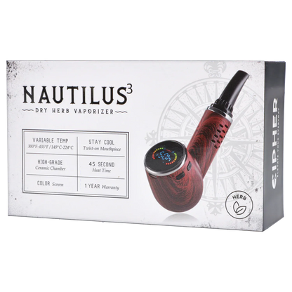 Angled product shot of the Cipher Nautilus V3 Dry Herb Vaporizer - Redheart Wood showing its curved wood-grain body and digital color display on a white boxed backdrop