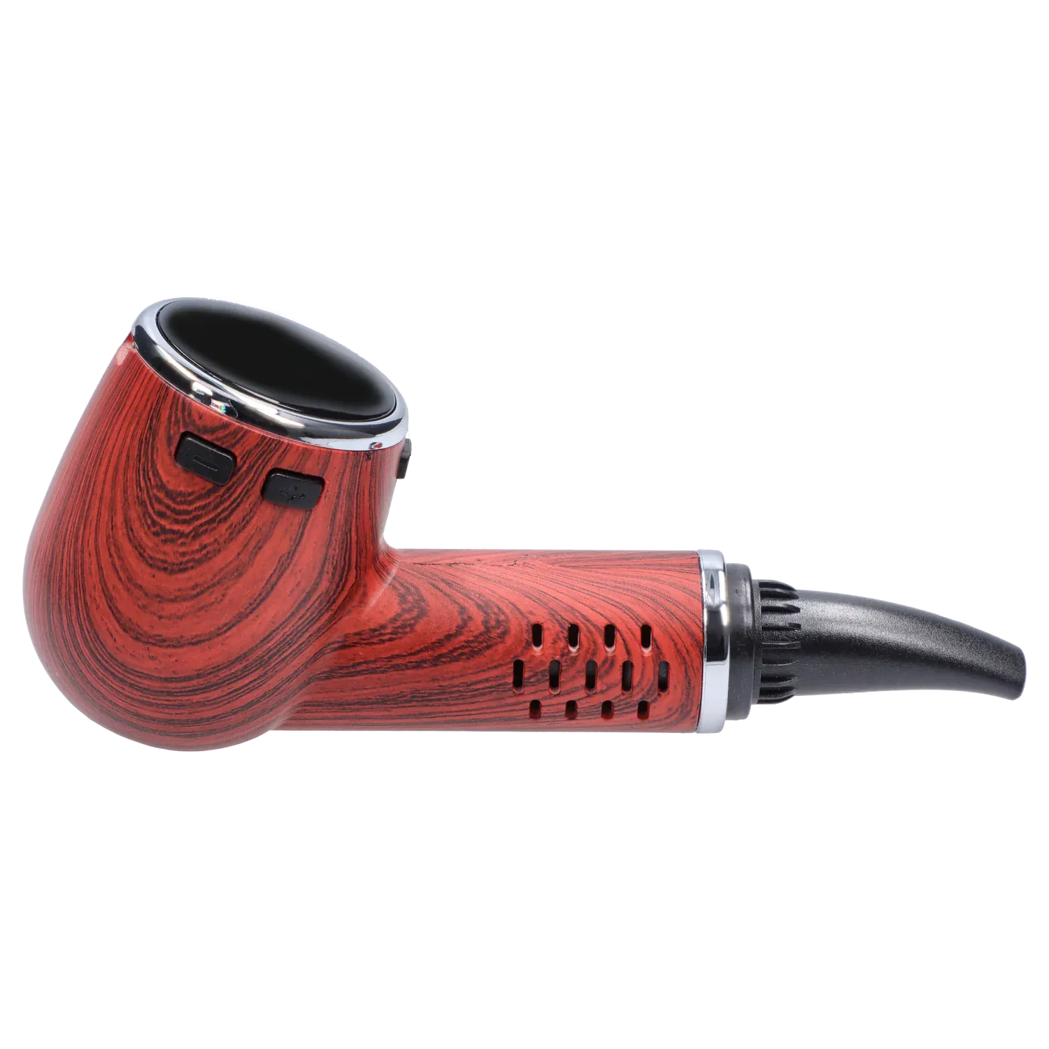 Side view of the Cipher Nautilus V3 Dry Herb Vaporizer - Redheart Wood showing its redheart wood finish, angled bowl, black mouthpiece, and chrome trim.