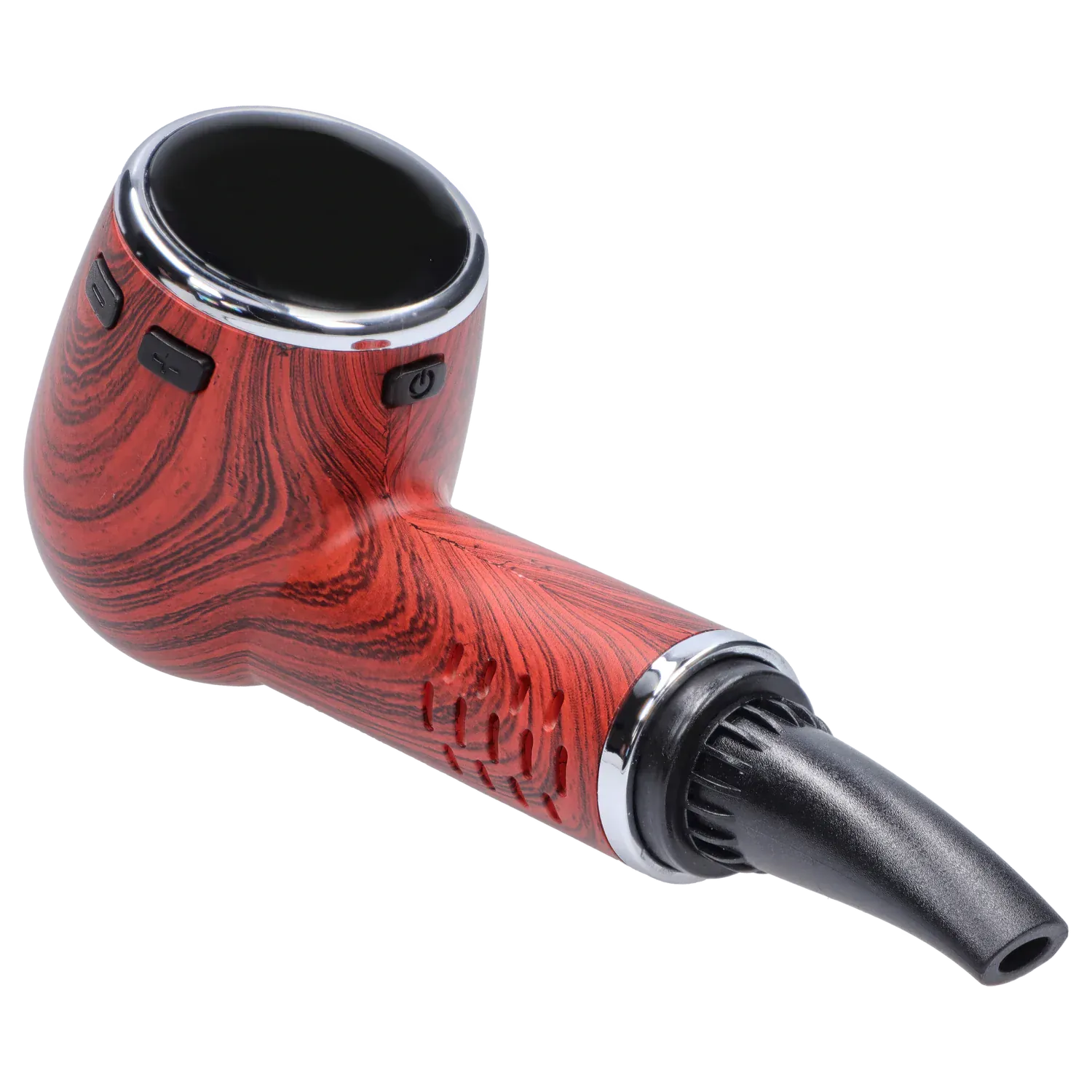 Angled close-up of the Cipher Nautilus V3 Dry Herb Vaporizer - Redheart Wood showing its red woodgrain body, black mouthpiece and chrome trim.
