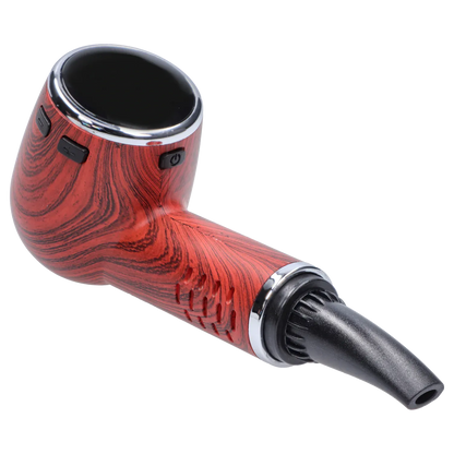 Angled close-up of the Cipher Nautilus V3 Dry Herb Vaporizer - Redheart Wood showing its red woodgrain body, black mouthpiece and chrome trim.