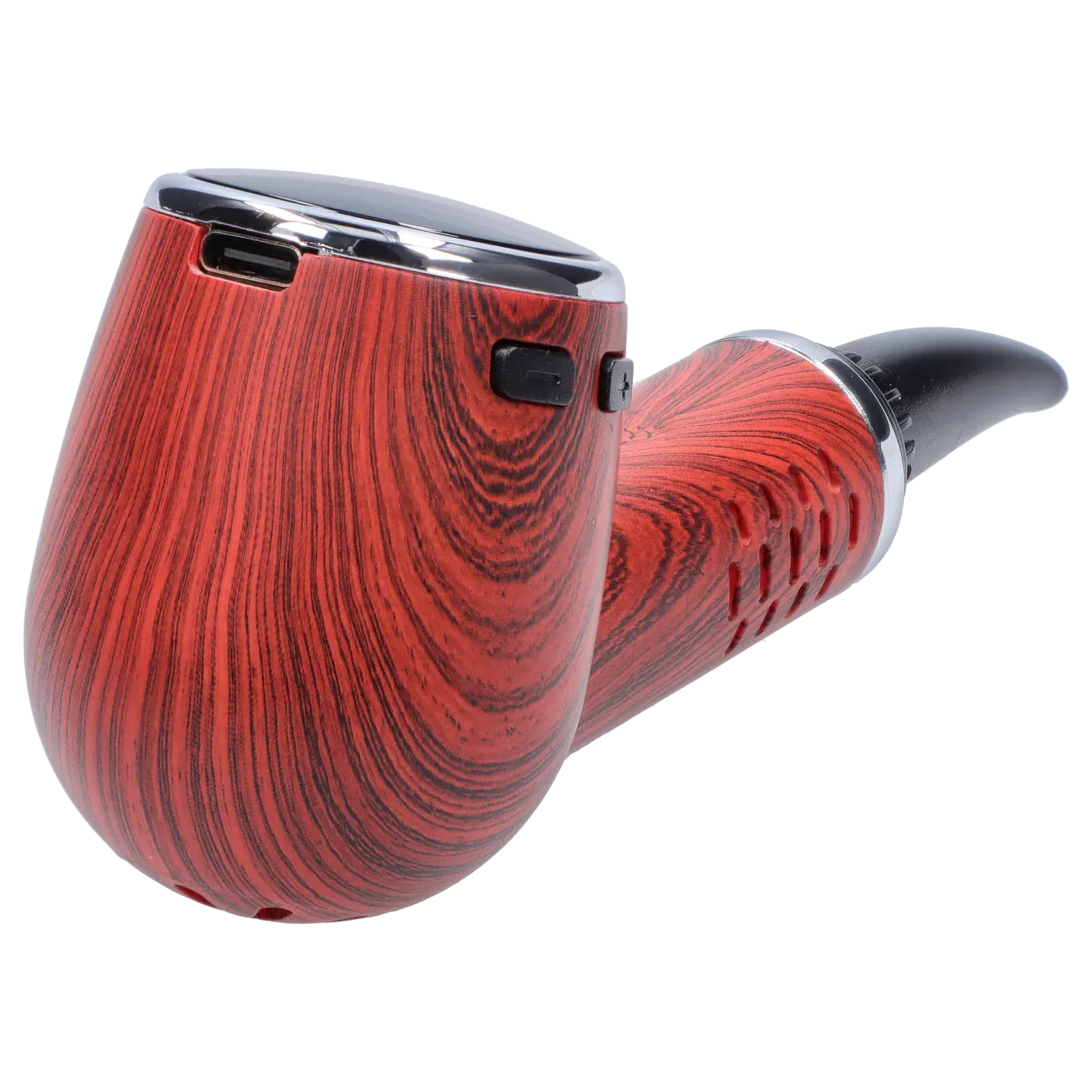 Close-up angled view of the redwood-grain Cipher Nautilus V3 Dry Herb Vaporizer - Redheart Wood showing its chrome rim, black mouthpiece, and side control buttons.
