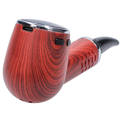 Close-up angled view of the redwood-grain Cipher Nautilus V3 Dry Herb Vaporizer - Redheart Wood showing its chrome rim, black mouthpiece, and side control buttons.