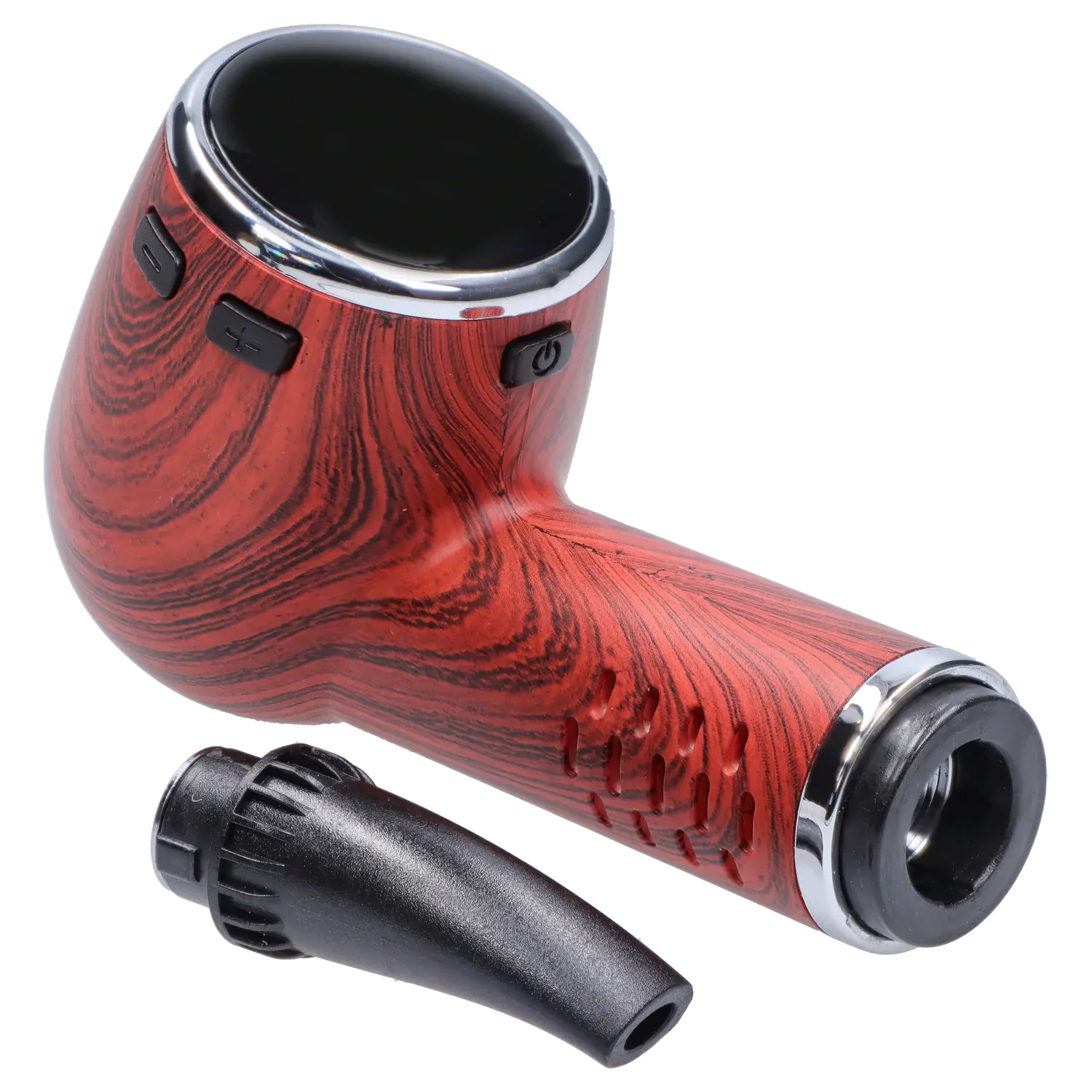Angled close-up of the redwood-grain Cipher Nautilus V3 Dry Herb Vaporizer showing its glossy black top, side buttons, and detached black mouthpiece.