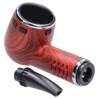 Angled close-up of the redwood-grain Cipher Nautilus V3 Dry Herb Vaporizer showing its glossy black top, side buttons, and detached black mouthpiece.