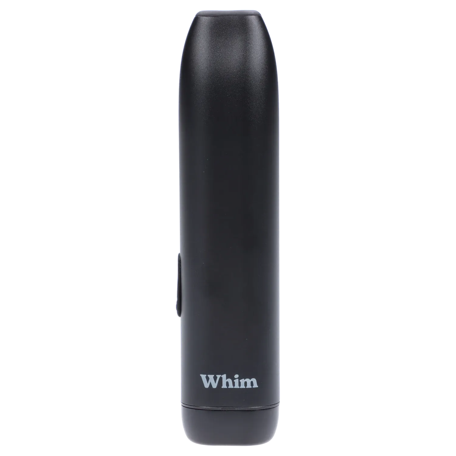 Front-facing close-up of the Midnight Black Randy's Whim Dry Herb Vaporizer showing its smooth cylindrical body, rounded top, side button, and "Whim" logo near the base.