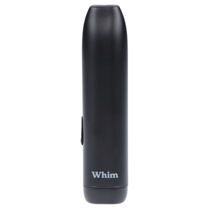 Front-facing close-up of the Midnight Black Randy's Whim Dry Herb Vaporizer showing its smooth cylindrical body, rounded top, side button, and "Whim" logo near the base.