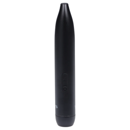 Tall centered studio shot of the Midnight Black Randy's Whim Dry Herb Vaporizer showing its matte tapered body, single front button, and rounded base.