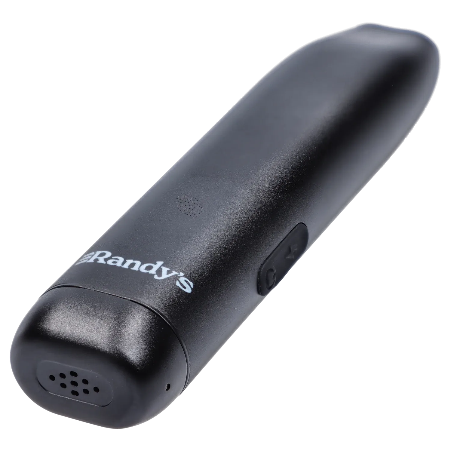 Close-up angled view of the Midnight Black Randy's Whim Dry Herb Vaporizer showing its matte black curved body, side control buttons, and white Randy's logo.