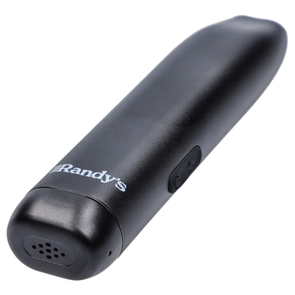 Close-up angled view of the Midnight Black Randy's Whim Dry Herb Vaporizer showing its matte black curved body, side control buttons, and white Randy's logo.