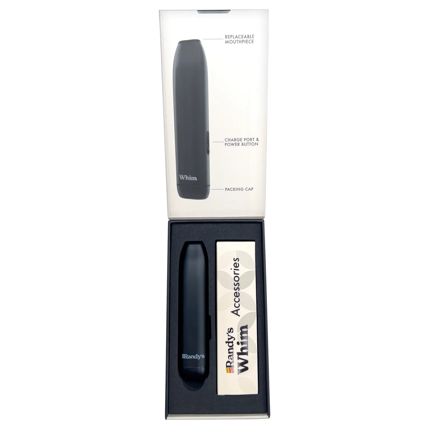 Top-down view of the Midnight Black Randy's Whim Dry Herb Vaporizer and its accessories nestled in black foam packaging.