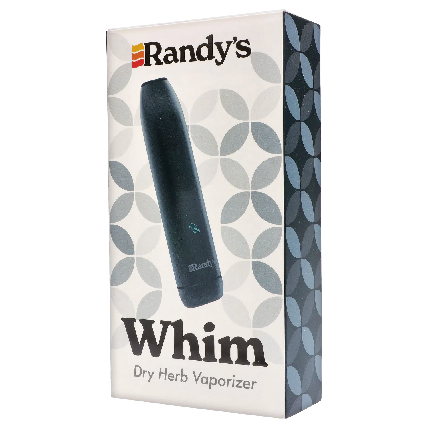 Angled front view of the Midnight Black Randy's Whim Dry Herb Vaporizer pictured on its patterned retail box.