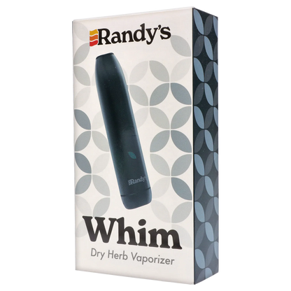 Angled front view of the Midnight Black Randy's Whim Dry Herb Vaporizer pictured on its patterned retail box.