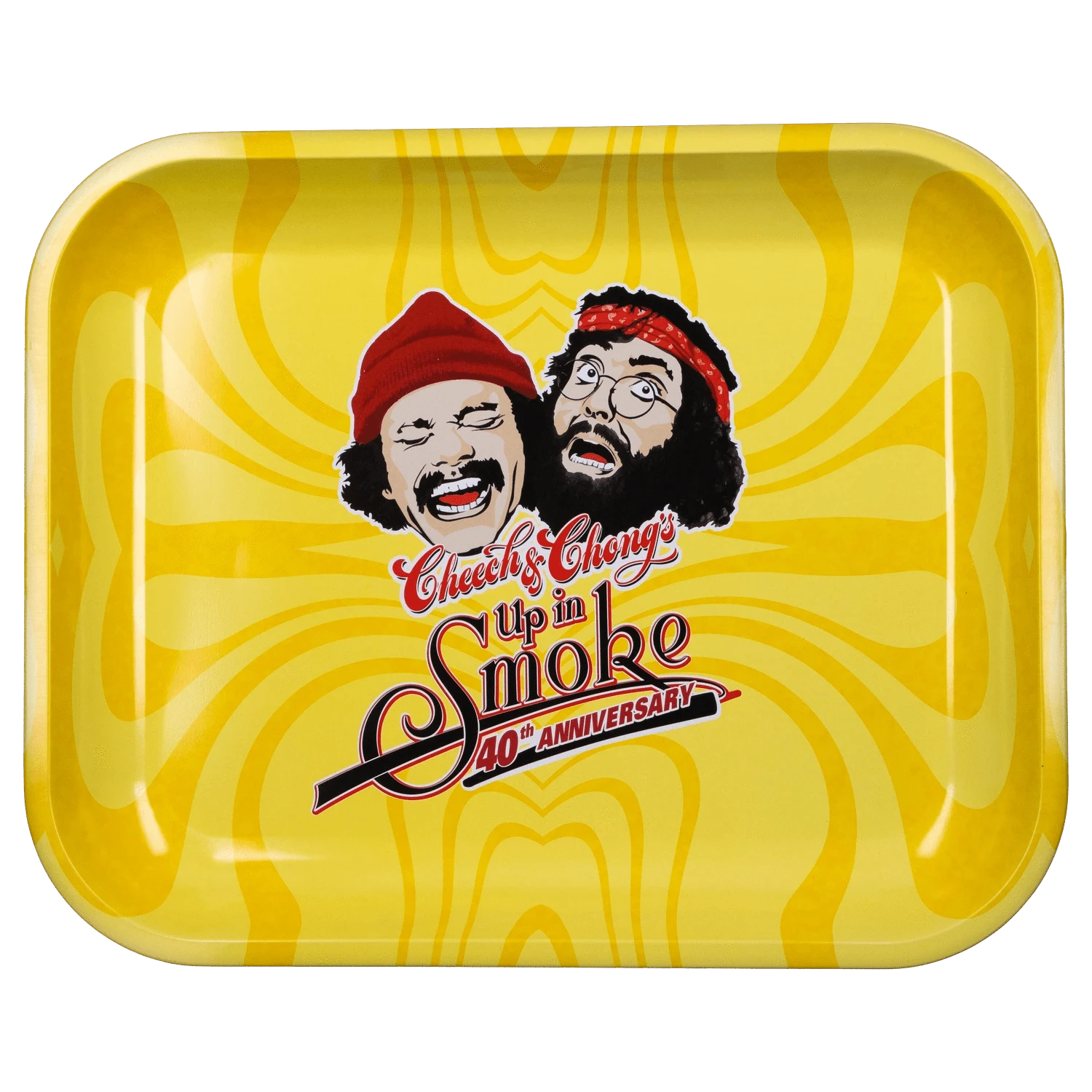 Top-down view of the yellow C&C 40. Jubiläums-Tablett - Gelb - Groß featuring a retro woodgrain pattern and a central Cheech & Chong portrait and logo.