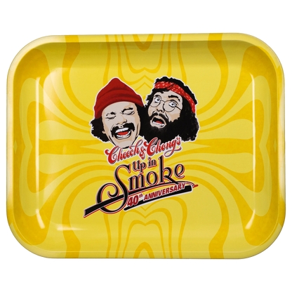 Top-down view of the yellow C&C 40. Jubiläums-Tablett - Gelb - Groß featuring a retro woodgrain pattern and a central Cheech & Chong portrait and logo.