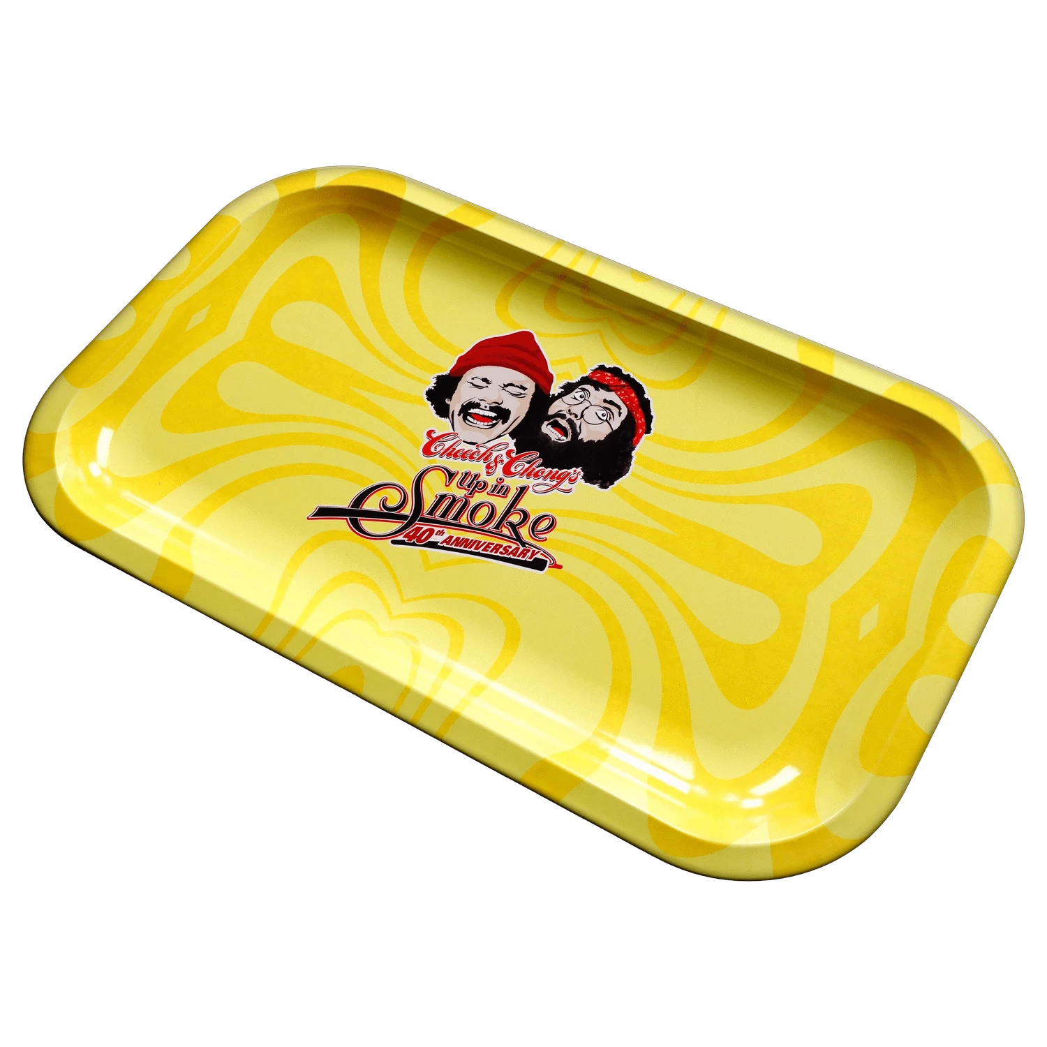 Angled top-down view of the yellow C&C 40. Jubiläums-Tablett - Gelb - Mittel with swirled pattern and a central retro Cheech & Chong "Up in Smoke" 40th logo.