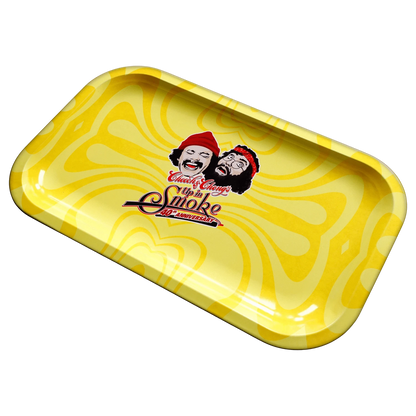 Angled top-down view of the yellow C&C 40. Jubiläums-Tablett - Gelb - Mittel with swirled pattern and a central retro Cheech & Chong "Up in Smoke" 40th logo.