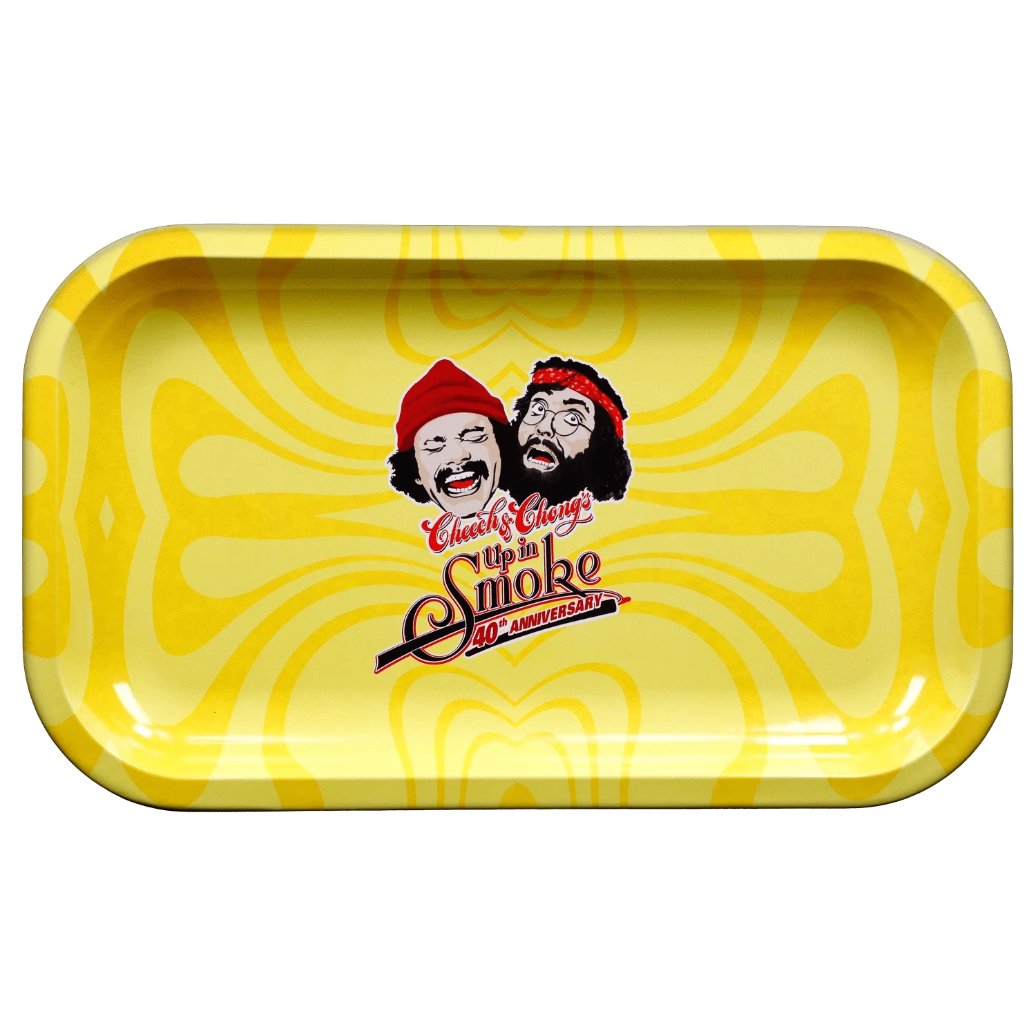 Top-down view of the yellow C&C 40. Jubiläums-Tablett - Gelb - Mittel with rounded corners and a central retro Cheech & Chong graphic.