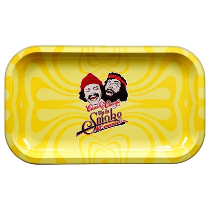 Top-down view of the yellow C&C 40. Jubiläums-Tablett - Gelb - Mittel with rounded corners and a central retro Cheech & Chong graphic.