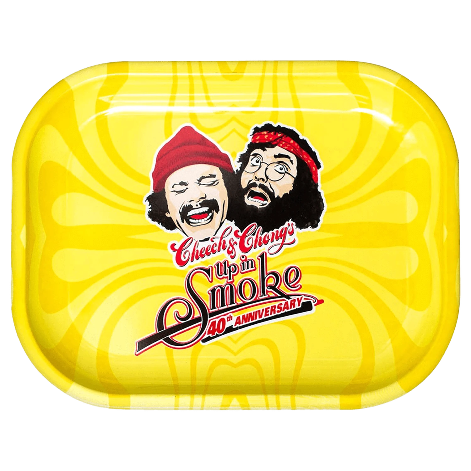 Top-down view of the C&C 40th Anniversary Tray-Yellow-Small showing a glossy yellow surface with retro swirls and a central Cheech & Chong illustrated logo.