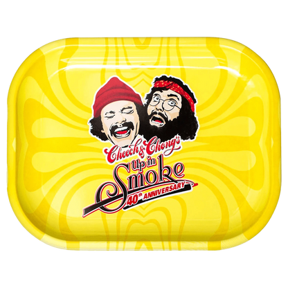 Top-down view of the C&C 40th Anniversary Tray-Yellow-Small showing a glossy yellow surface with retro swirls and a central Cheech & Chong illustrated logo.