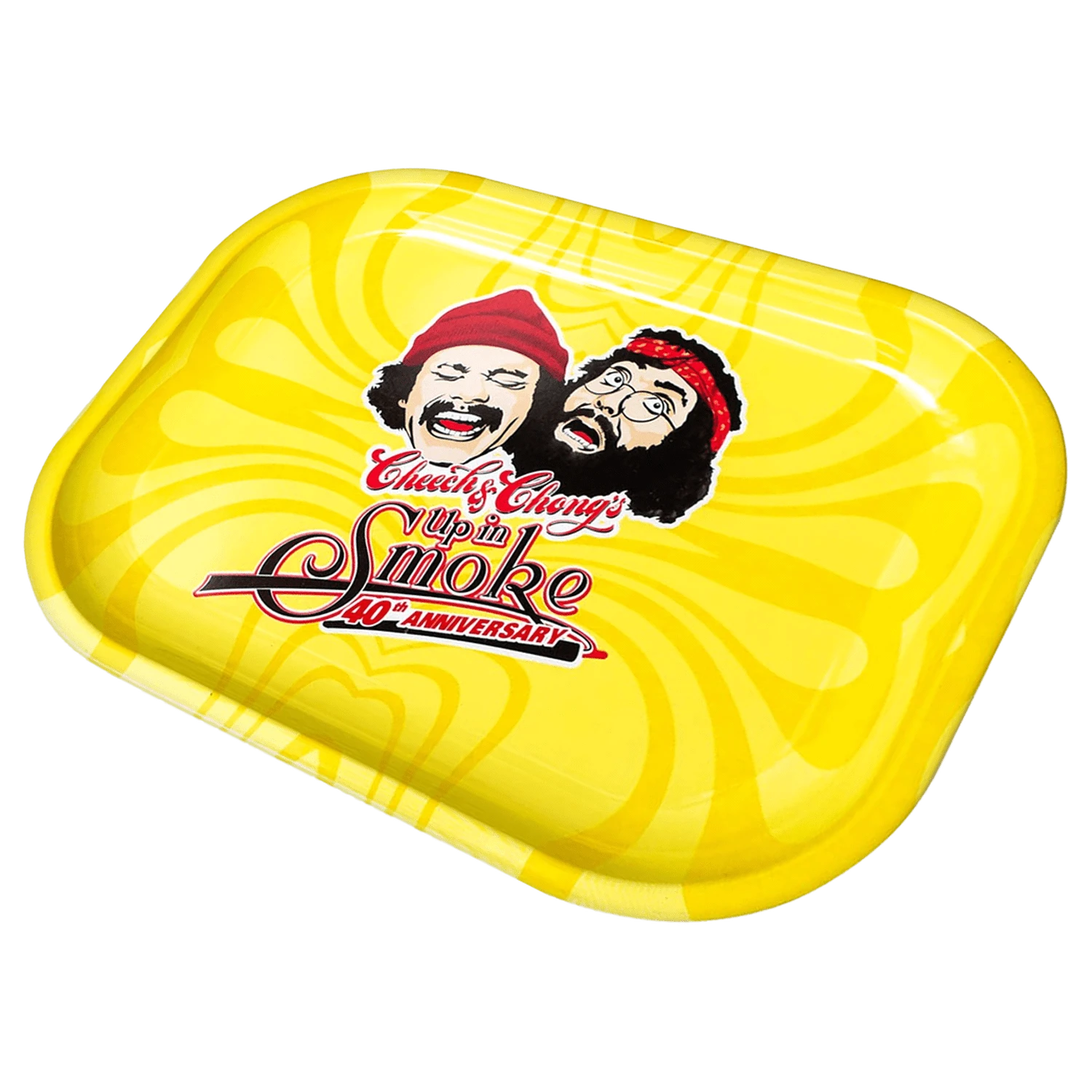 Angled top view of the bright yellow C&C 40th Anniversary Tray-Yellow-Small featuring a centered Cheech & Chong caricature and retro swirl graphics.