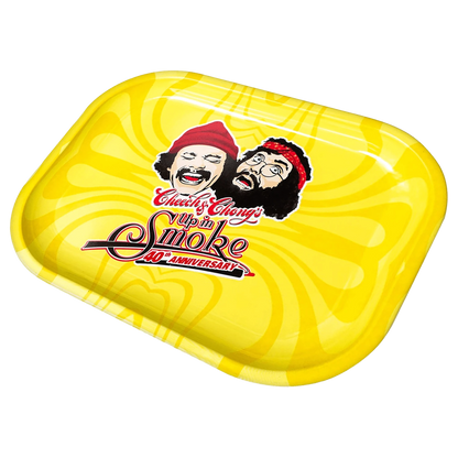 Angled top view of the bright yellow C&C 40th Anniversary Tray-Yellow-Small featuring a centered Cheech & Chong caricature and retro swirl graphics.