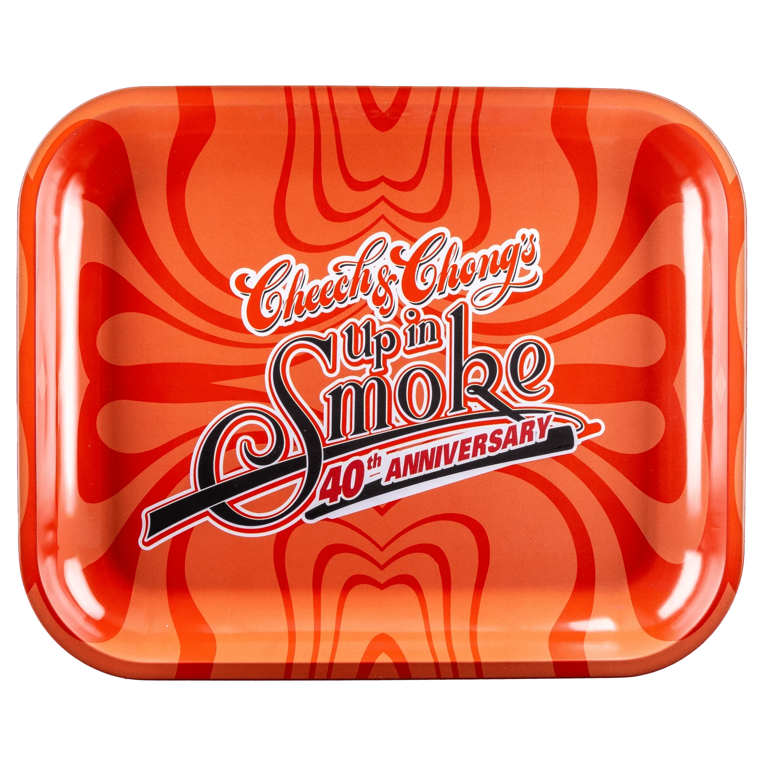 Top-down view of the C&C 40. Jubiläum Rolling Tray - Rot - Groß showing its glossy red surface with concentric wave patterns and a central "Cheech & Chong's Up in Smoke 40th Anniversary" logo.