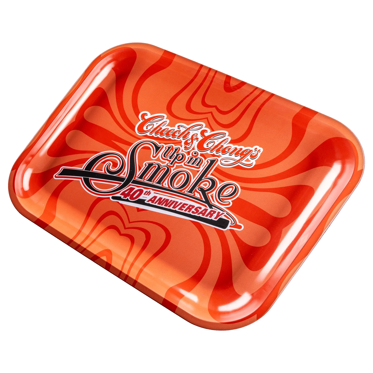 Angled top view of the red C&C 40. Jubiläum Rolling Tray - Rot - Groß with glossy swirl pattern and bold white anniversary logo.