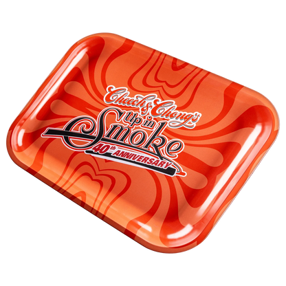Angled top view of the red C&C 40. Jubiläum Rolling Tray - Rot - Groß with glossy swirl pattern and bold white anniversary logo.